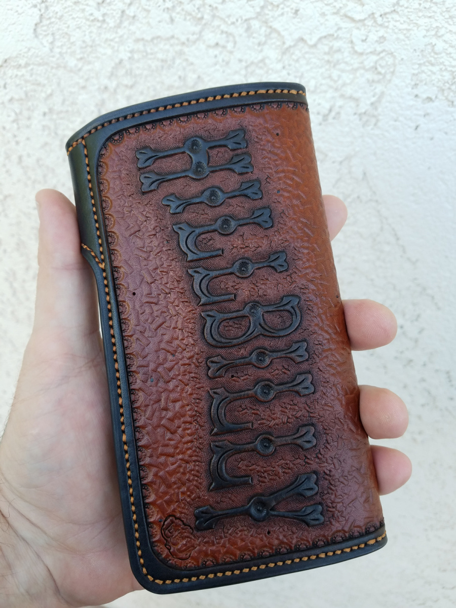 Hand tooled bead painted leather wallet